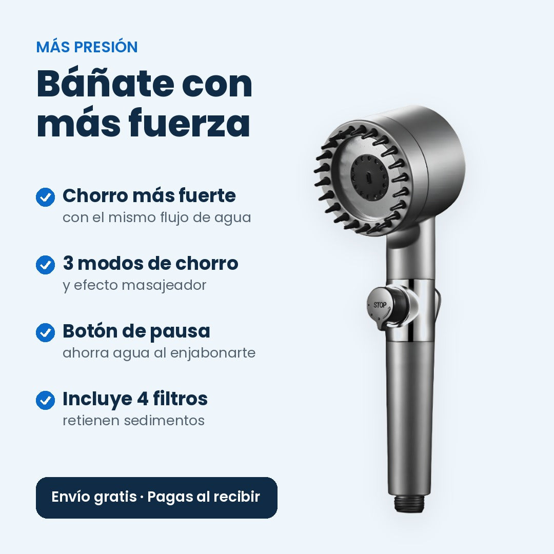 Beneficios: chorro más fuerte, 3 modos, botón de pausa, 4 filtros